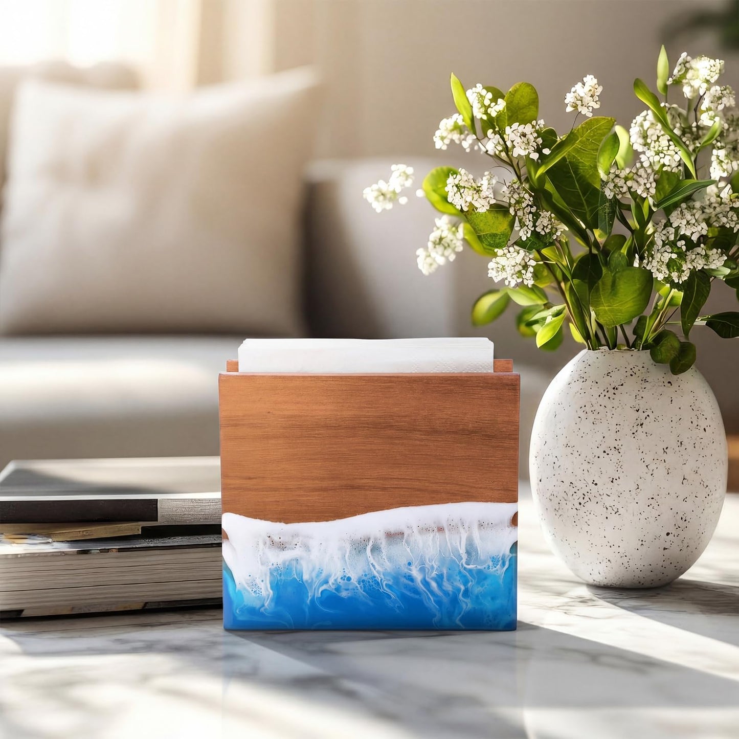 Hushee Acacia Wood Ocean Napkin Holder Resin Sea Wave Pattern Handcrafted, Wooden Rustic Farmhouse Standing Napkin Dispenser for Kitchen Dining Room Party Cocktail Outdoor Summer Use, 6" x 5.2" x 2.8"