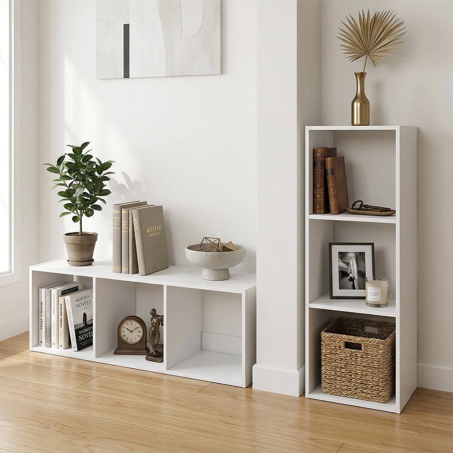 Endearing Limons【2026 Wooden 3 Cube Shelf Storage Organizer with Anti-Tipping Kits + Reversible Open Back Solid Panel Bookcase (11 x 11 Unit Cell White)