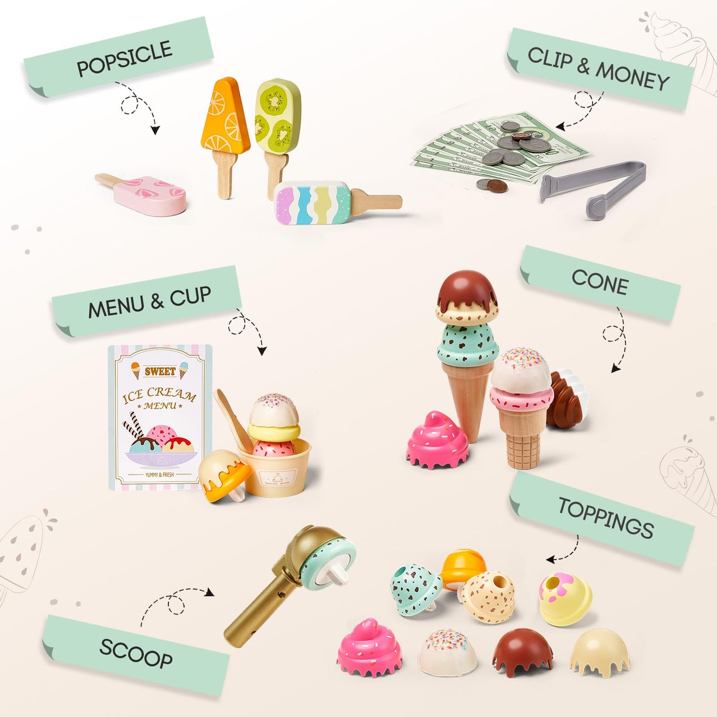 Giant bean Wooden Ice Cream Play Set, with Drop-Down Dispenser, Play Kitchen Accessories with Cones, Popsicles, Scoops, Play Money & Menu, Ice Cream Toy for Kids Ages 3+, Birthday