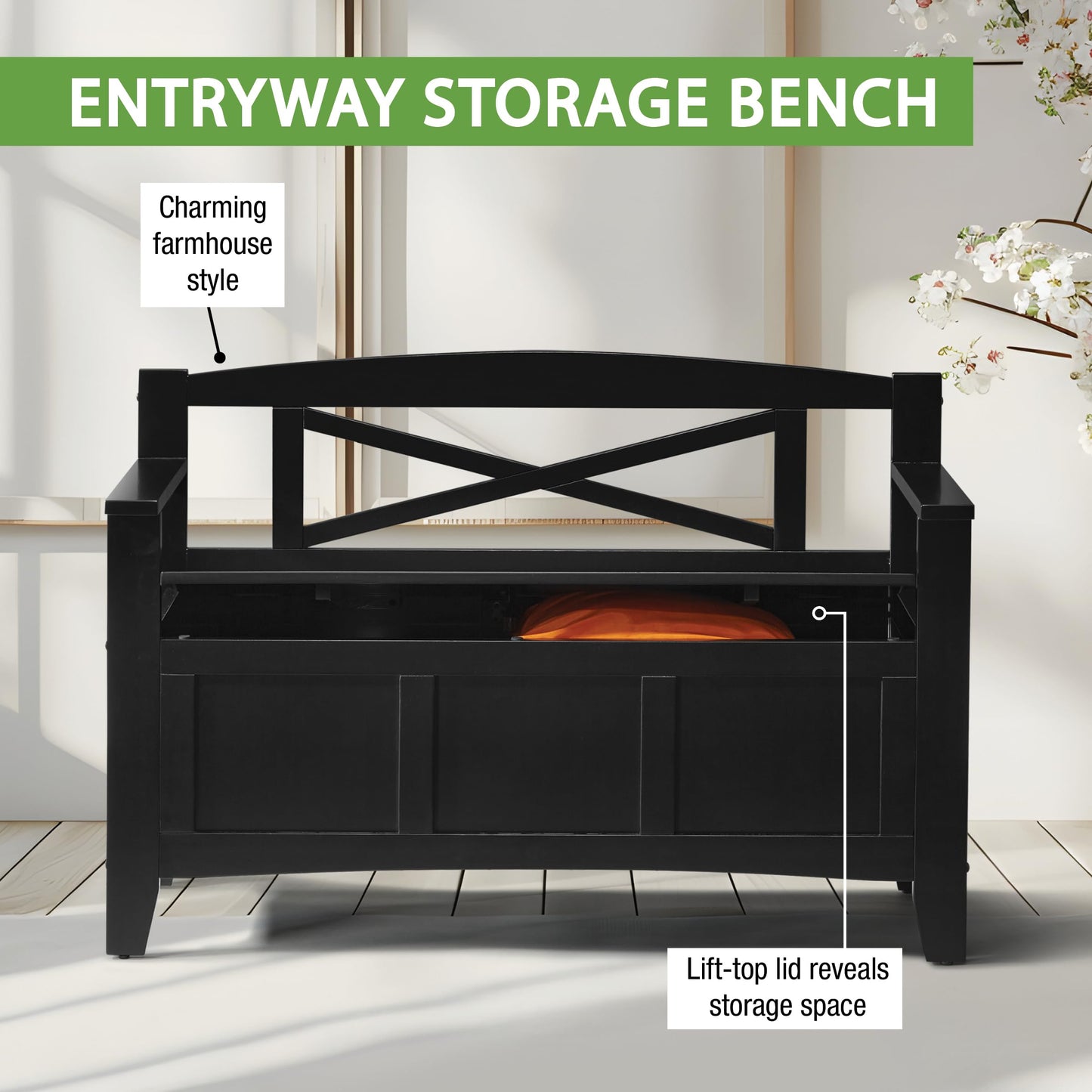 OSP Home Furnishings Metro X-Back Style Wood Entry Way Bench with Storage, Black finish