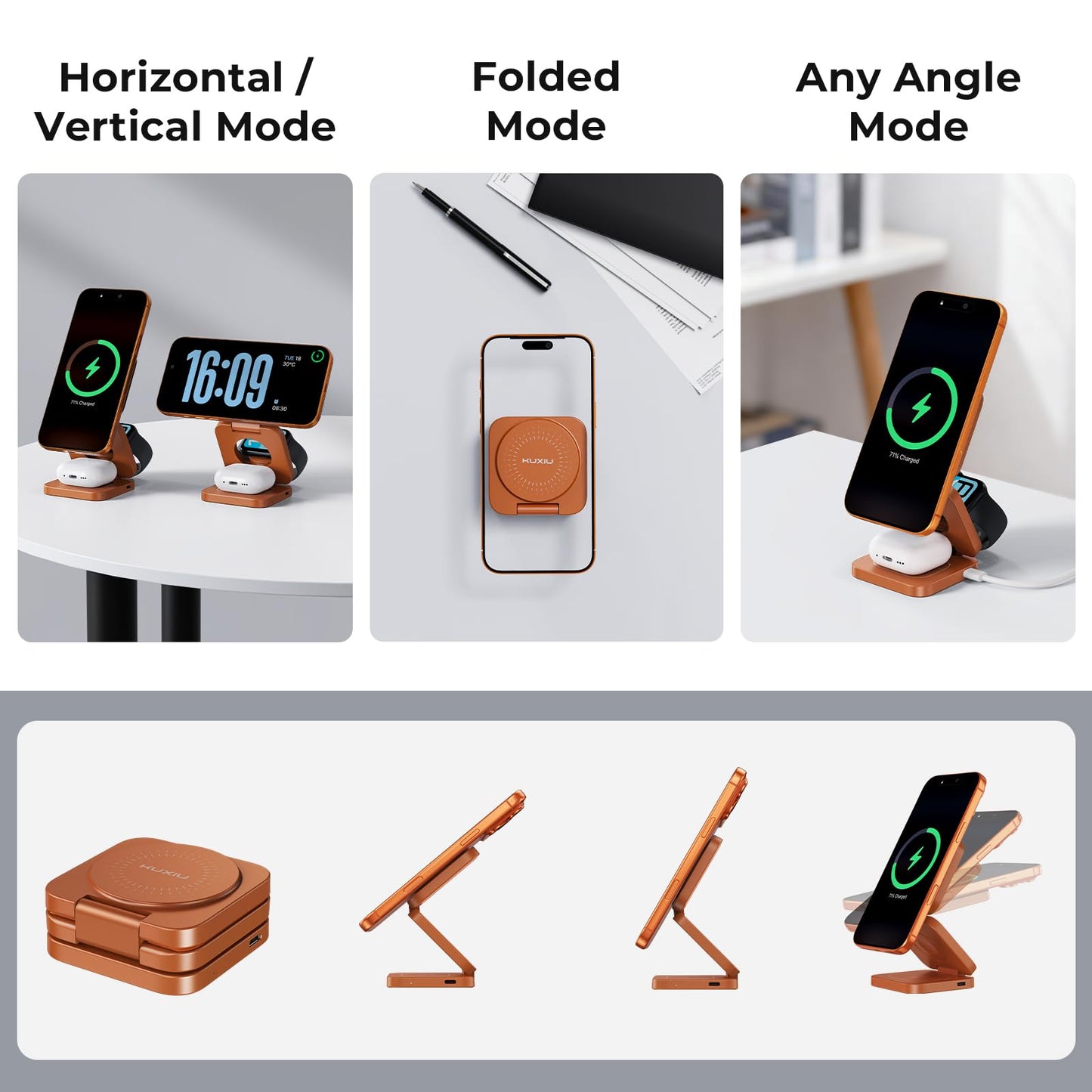 KU XIU QI 2.2 25W 3-in-1 Charging Station for Apple Device, Foldable Magnetic Charger for iPhone 17/16, 5W for Apple Watch & AirPods, Fast Travel Wireless Charging Stand with 45W Adapter