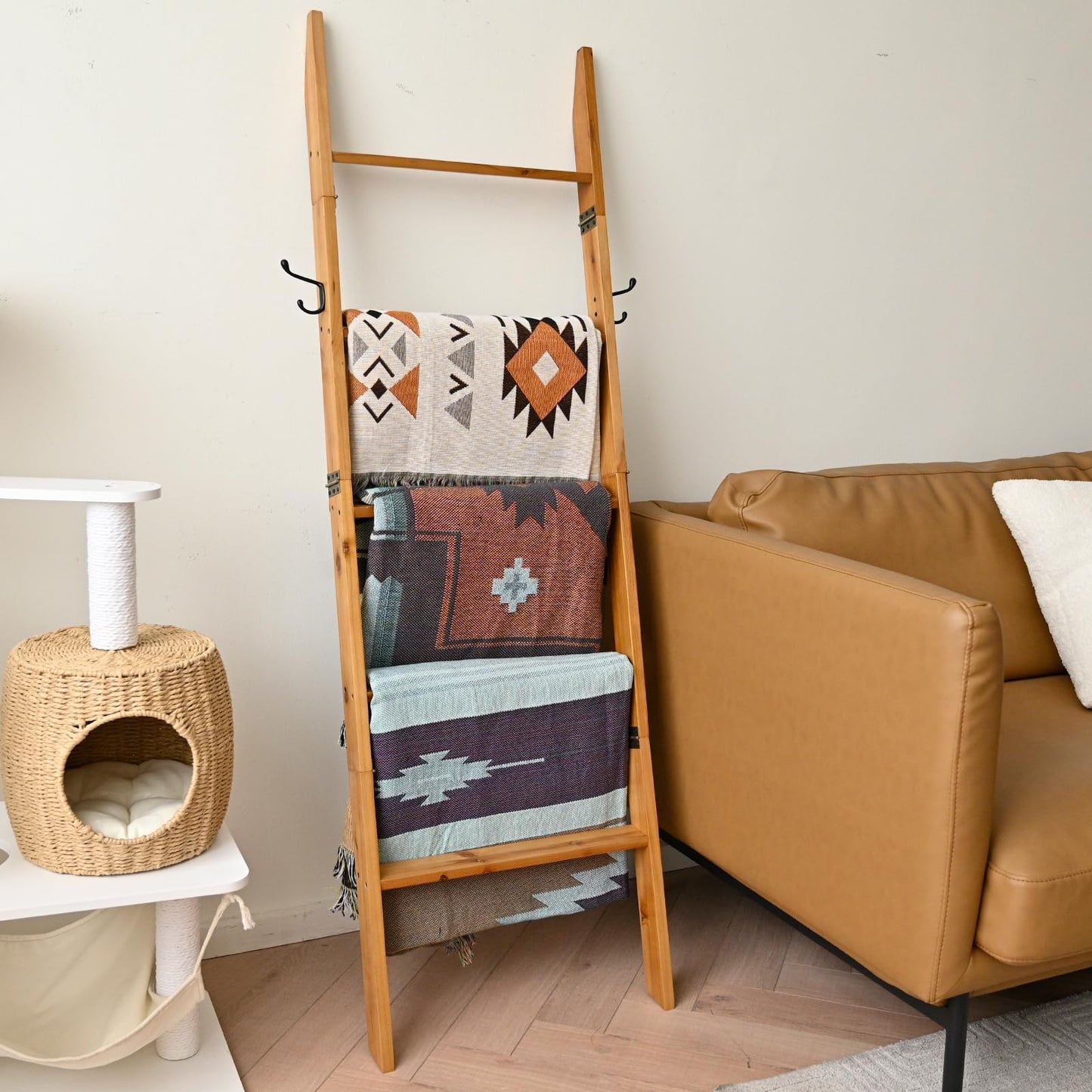 FUIN 58in Blanket Ladder, Wood Towel Ladder, Rustic Decorative Ladder for Blankets, Farmhouse Wooden Quilt Rack for Living Room & Bathroom