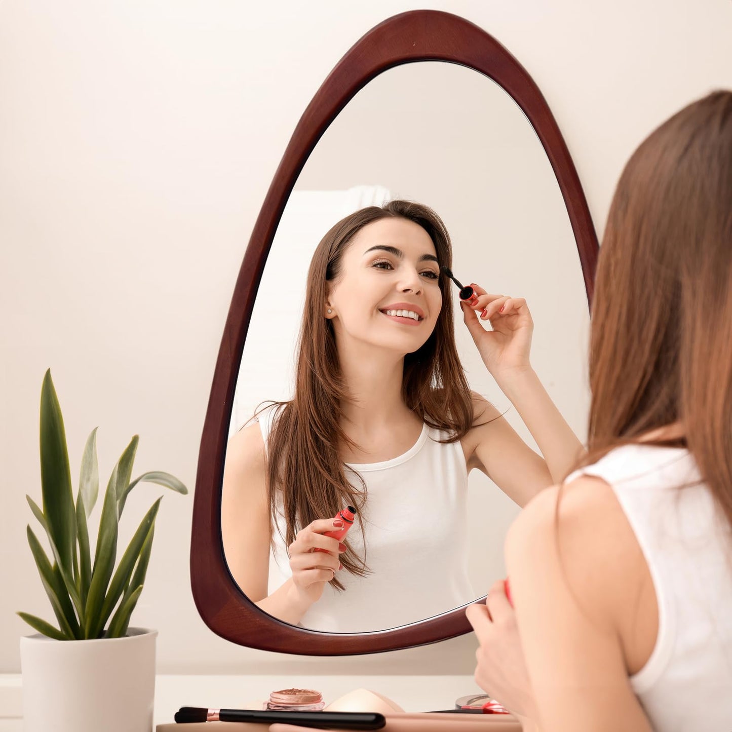 sawsile Irregular Wall Mirror for Bathroom,Wood Asymmetrical Rustic 19.5 x 30.5 inch Farmhouse Vanity Unique Walnut Decorative Large Mirror for Entryway,Bedroom,Living Room,Washroom