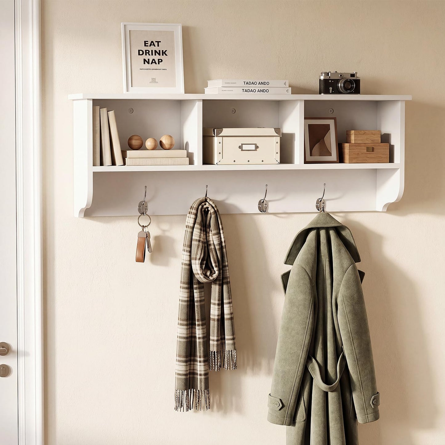 TUNGTAR 38.6inch Wall Mounted Entryway wooden Coat Rack with Storage Shelf 4 Dual Hooks Wooden Storage Living Room Wall Cabinet with 3 Cubbies Space Saving Hanging Shelf for Hats Bags Coats (White)