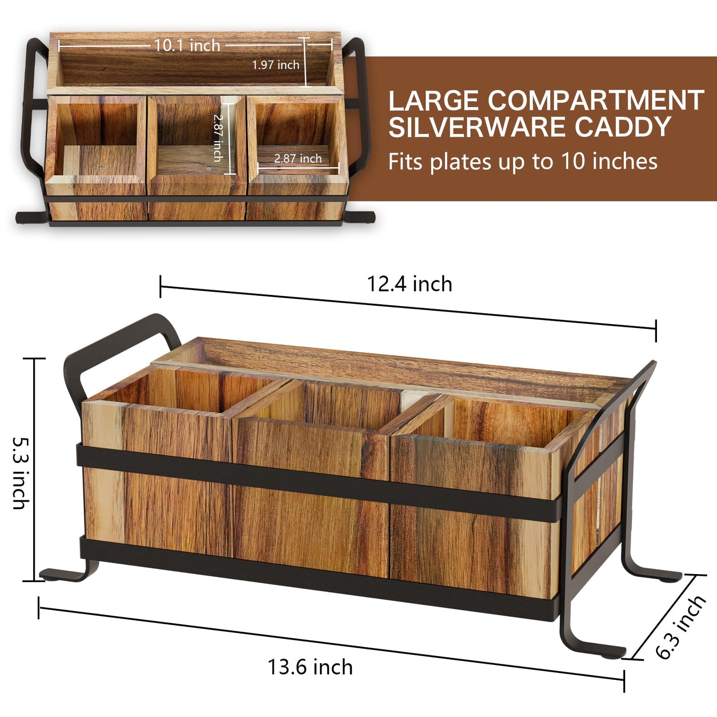 Vorisebo Acacia Wood Silverware Caddy, 4 Compartment Wooden Utensil Caddy for Party, Countertop Cutlery Flatware Paper Plate Dispenser for Spoons, Forks, Fits 10-Inch Plates