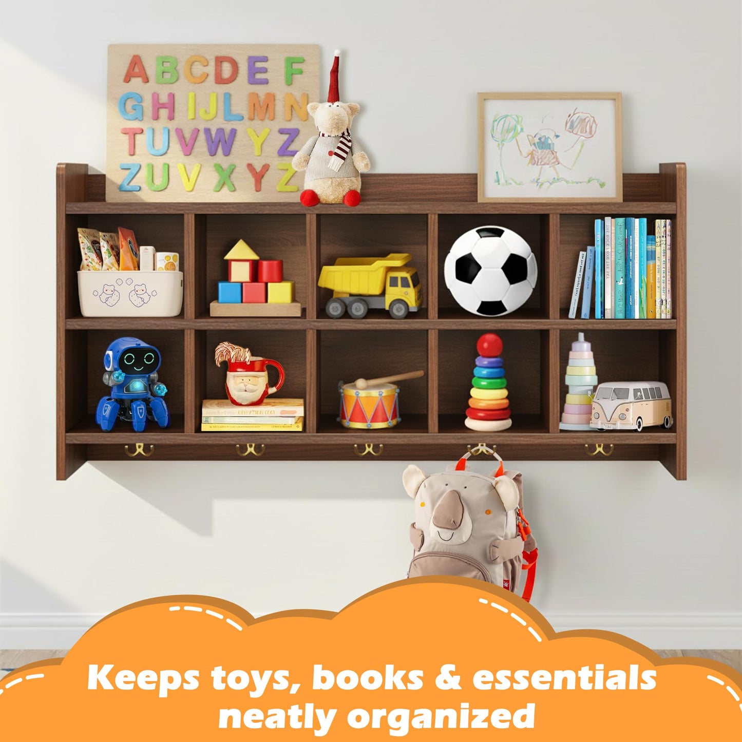 Verssure Wall Cubbies, 10 Cubby Storage Organizer with Coat Hooks, Cubbies for Classrooms,Wooden Cubby Shelf for Toys, Bags and Books, Used in School, Gym, Daycare Storge (Walnut)