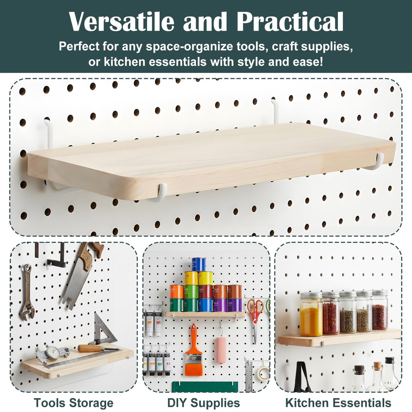 2 Pack Pegboard Shelves, Solid Wood Wall Shelf with Hooks, Solid Wood Pegboard Shelf, High Balance and No tilt, Wooden Pegboard Shelves for Metal Pegboard, Organizer Accessories for Home & Office