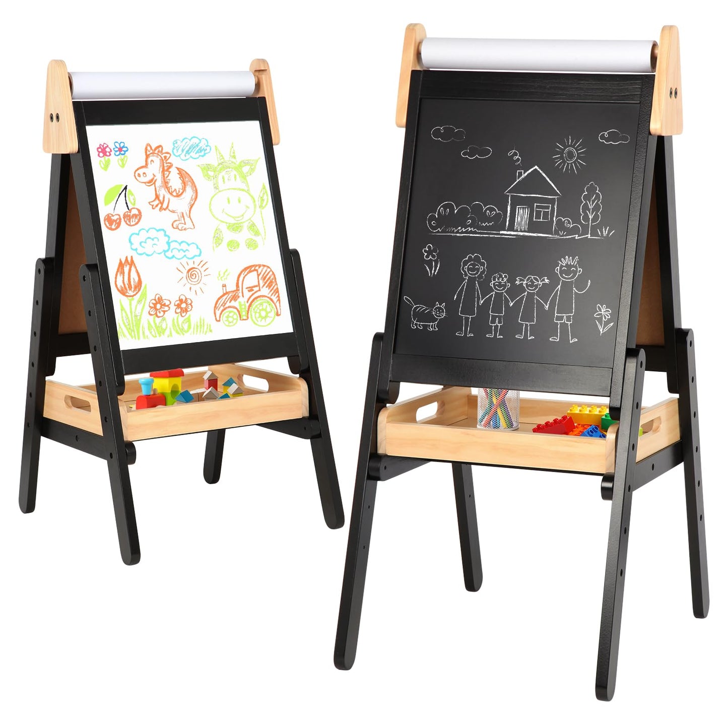 3 in 1 Easel for Little Kids with Wood Tray, Double Sided Wooden Easel with Paper Roll, Magnetic Whiteboard & Dry Erase Black Chalkboard, Height Adjustable Painting Standing for Toddlers Childrens 2-5