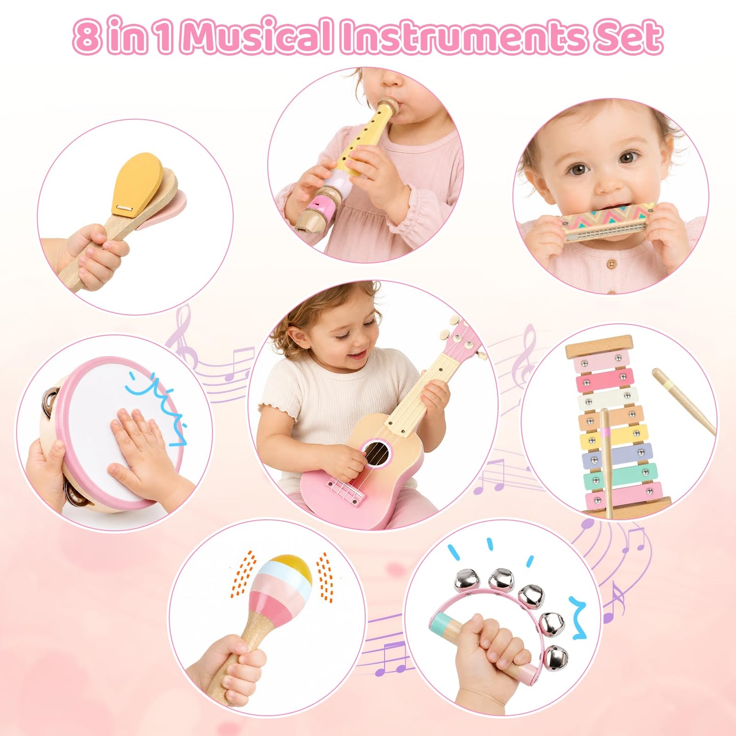 Pink Kids Guitar Set - 8 in 1 Toddler Montessori Musical Instruments