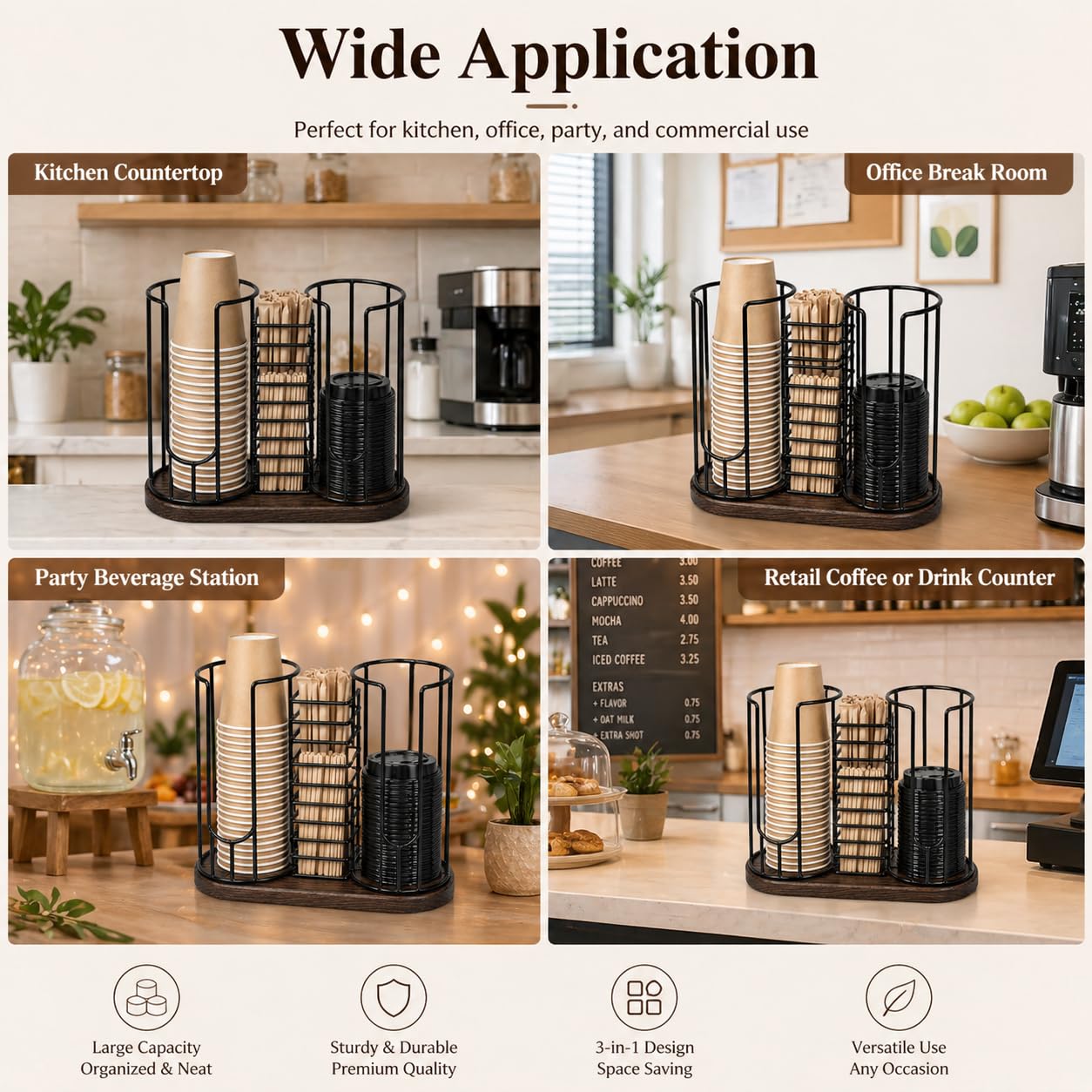 3-Compartment Coffee Cup Dispenser, Countertop Organizer Rack with Wooden Base for Disposable Cup, Lid, Straw, Tea Bag, Stirrer, Suitable for Kitchen, Bar, Restaurant, Office and Retail Space Use