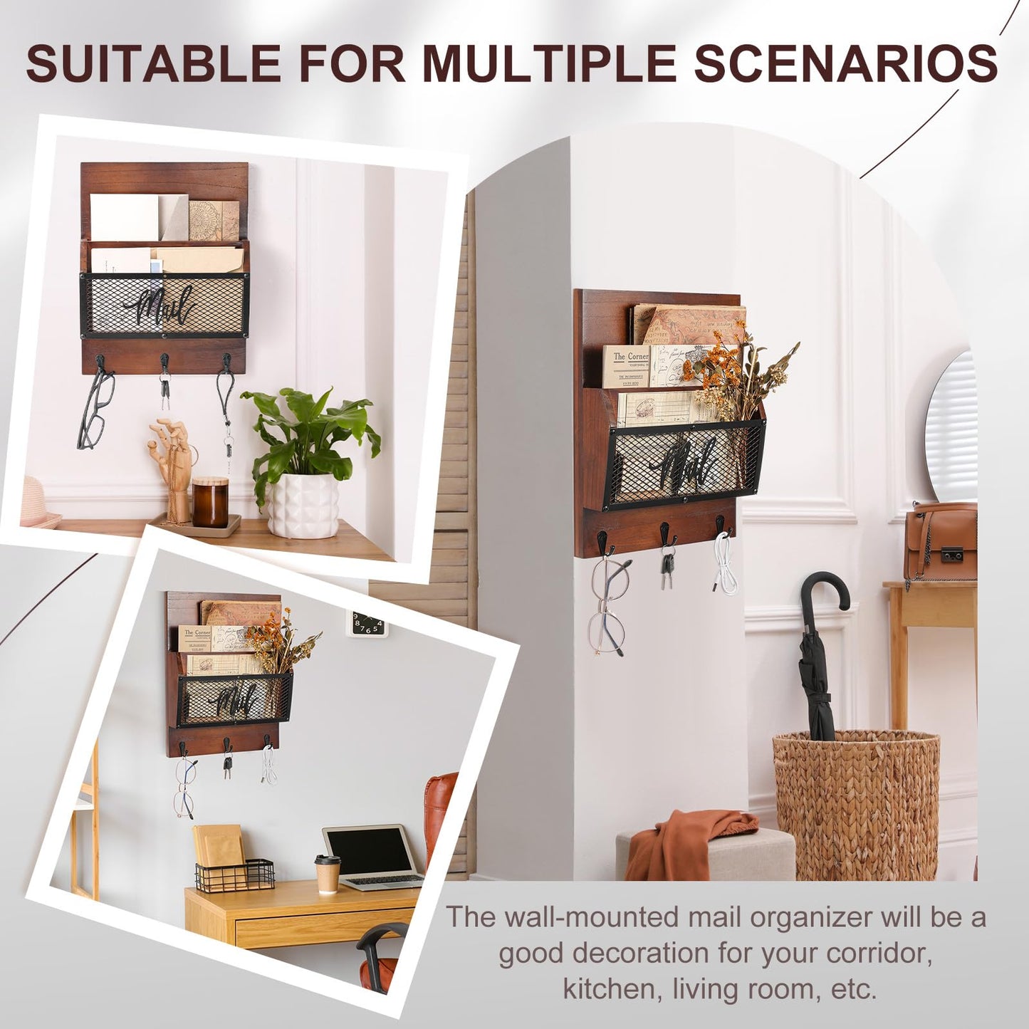 Yalikop Farmhouse Mail Organizer Wall Mounted Rustic Mail Holder Hanging Key Sorter with 3 Hooks Indoor Wooden Wall Mounted, Letter, Magazines, Newspapers, Keys (Classics,Dark Brown)
