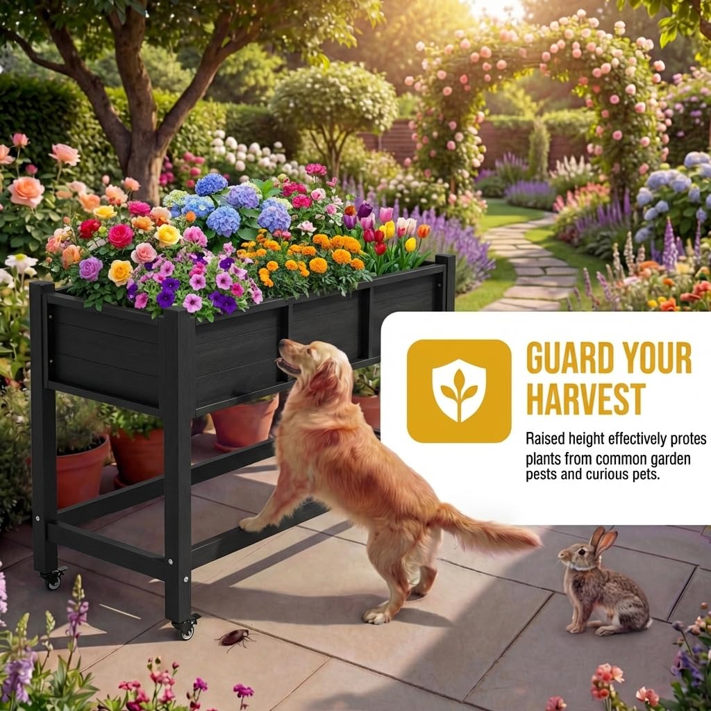 DWVO 47x18x31in Raised Garden Bed HDPE, Weather-Resistant Poly Wood Planter Box Stand, Planter Box with Legs & Lockable Wheels, Elevated Garden Bed for Backyard Patio Balcony - Black
