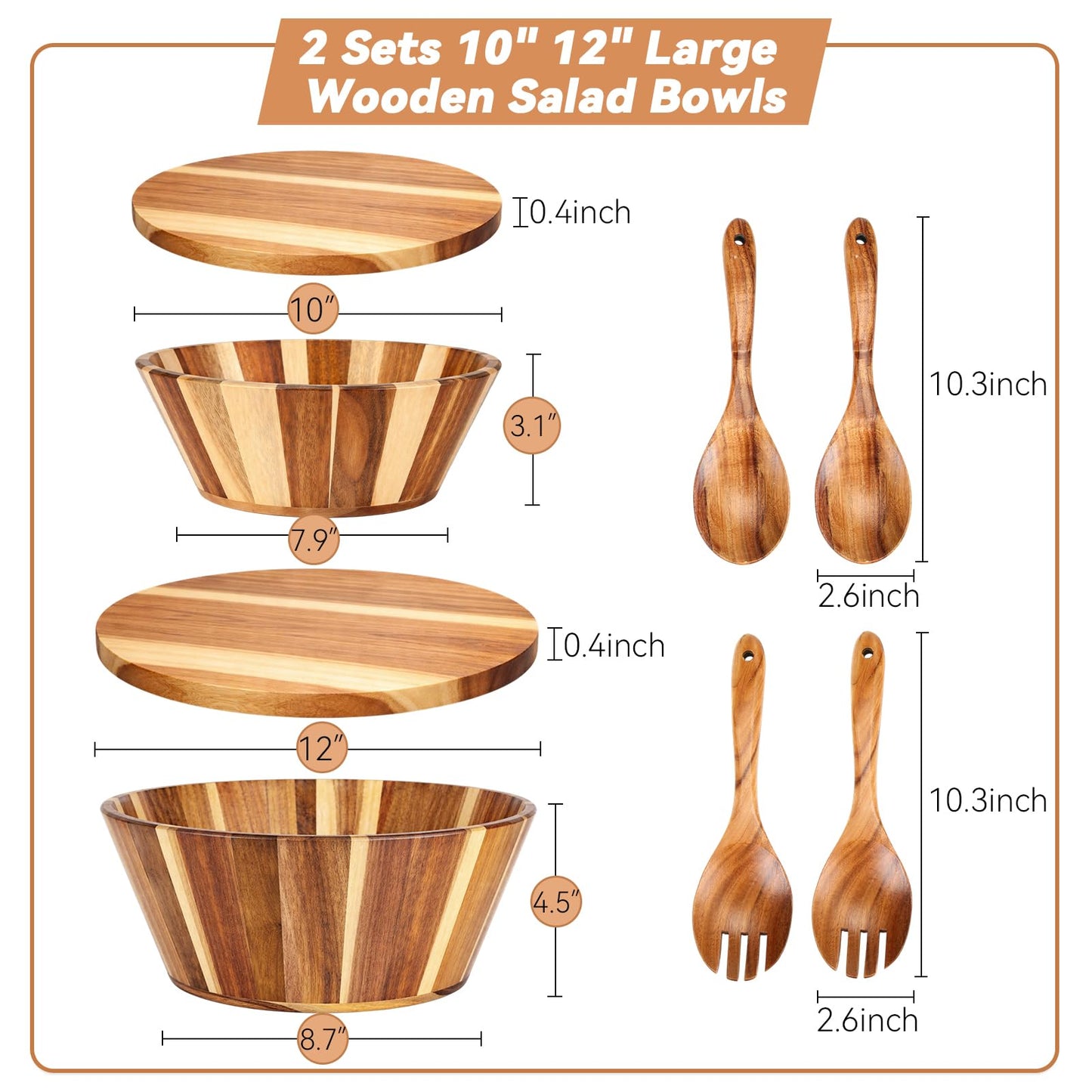LemonRoad 2 Sets 10" 12" Large Wooden Salad Bowls Set Acacia Wooden Mixing Serving Bowls Decorative with Serving Utensils and Cover for Fruits Salad Pasta Kitchen Party