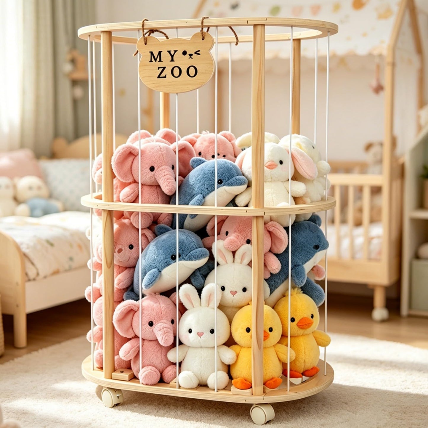 Singda Stuffed Animal Storage, Wooden Zoo Stuffed Animal Holder with Wheels & Elastic Bands, Space Save Toy Storage Organizer with Extra-Thick Base for Kids' Room, Playroom, Nursery - 37"
