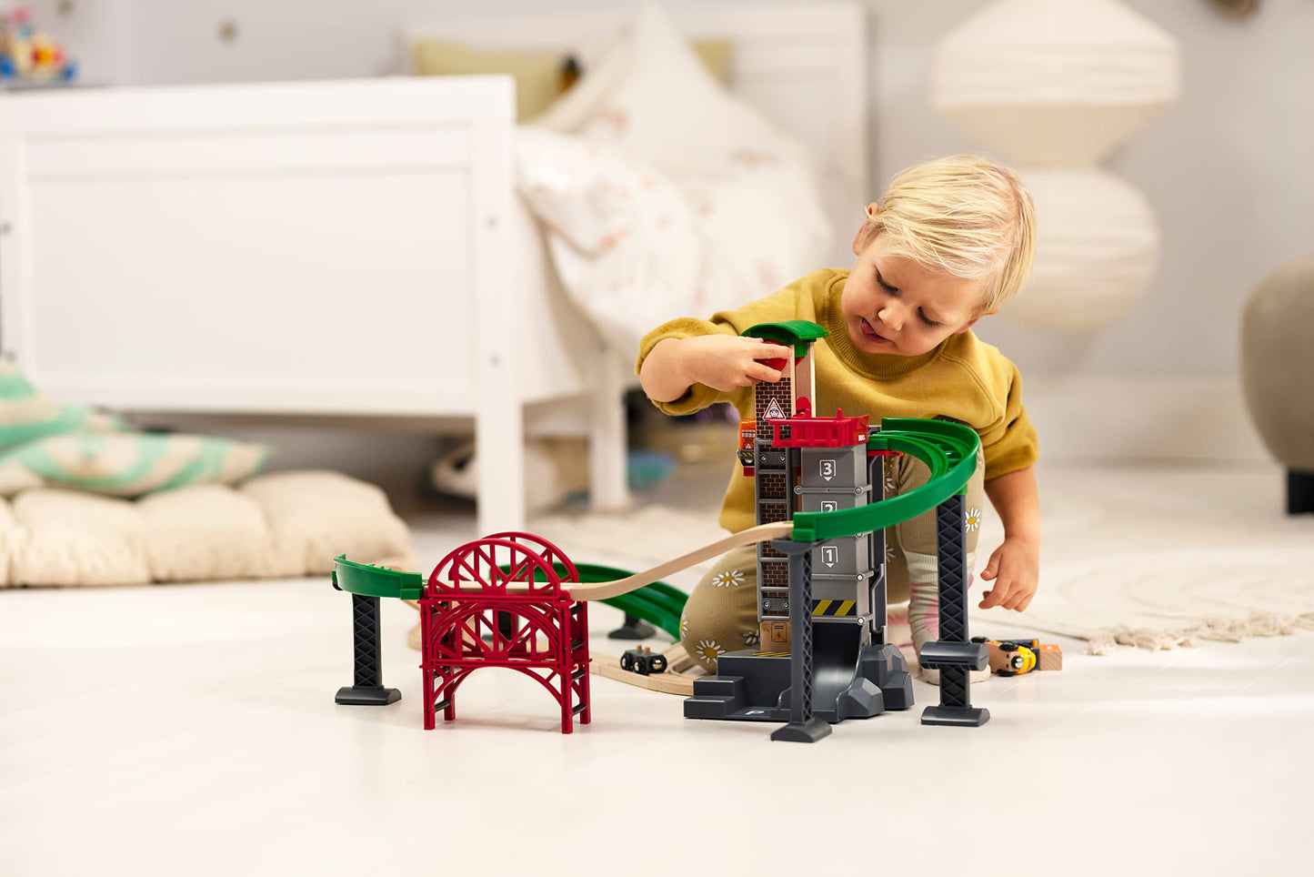 BRIO World Lift & Load Warehouse Set - 32-Piece Wood Train Set - Works with All Wooden Railway Sets - Includes 4-Level Elevator, Vehicles, Tracks & Full Station - MESH Accredited for Ages 3+