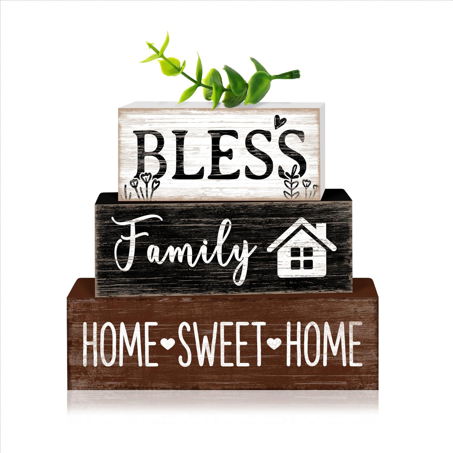 TOMPOP 4 Pcs Sweet Home Wooden Table Decor Eucalyptus Leaves Tabletop Sign Farmhouse Tiered Tray Decorations Family Wood Block Stack Sign Gift for Home Fireplace Mantel (Leaf)