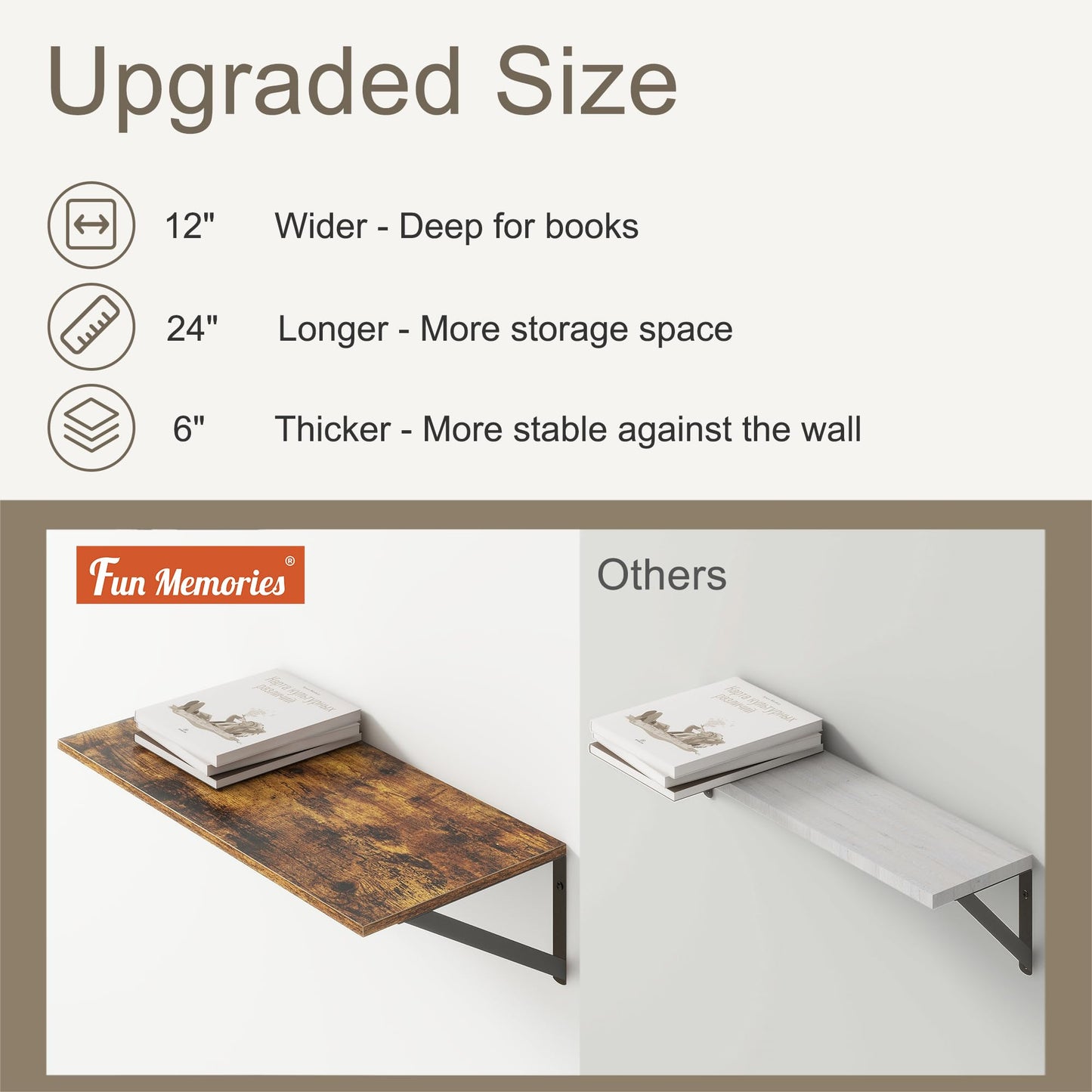 Deep Floating Shelves, 12 Inch Deep Floating Shelves for Wall, 24"W x 12"D Wall Shelves for Books, Large Rustic Wooden Shelf, Wide Display Shelf for Bathroom, Living Room, Rustic Brown, Set of 2