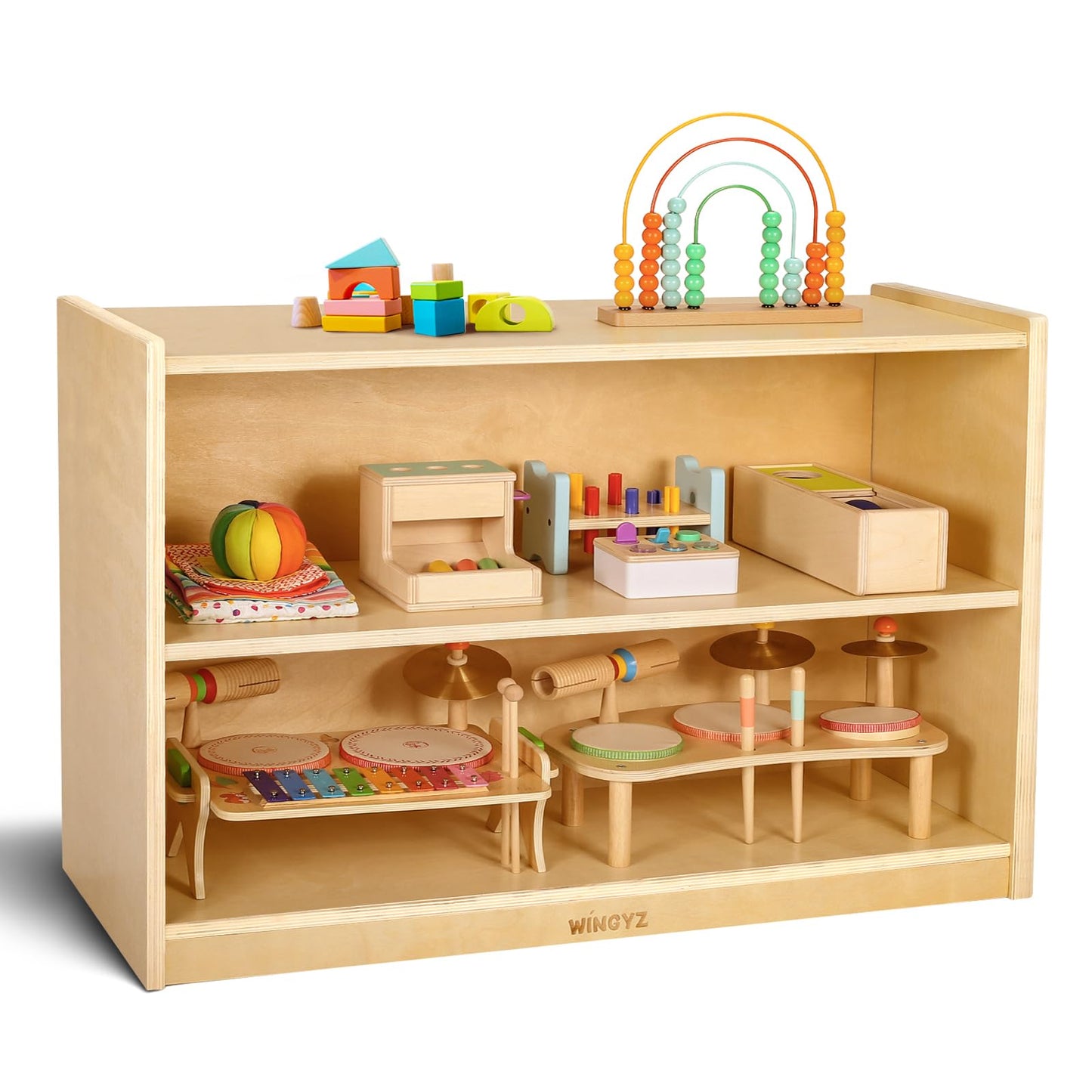 WINGYZ Wooden Storage Cabinet, 2-Tier Kids Toy Storage Organizer, Spacious Montessori Kids Bookshelf, Toy Shelf Storage Organizer for Playroom Classroom Nursery Study Room Living Room