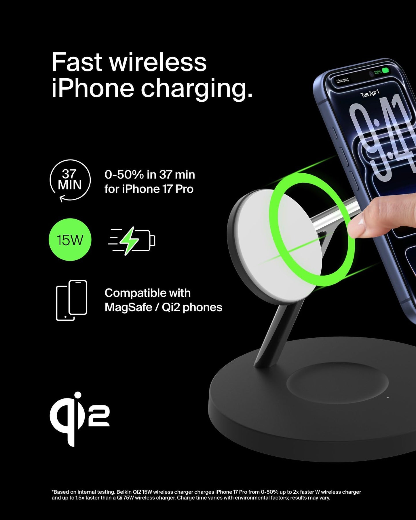 Belkin MagSafe-Compatible iPhone Charger, 3-in-1 Wireless Charging Station, Qi2-Certified 15W Wireless Charge for Apple iPhone 17 Series, Apple Watch, AirPods w/Non-Slip Base, 40W Included - Black