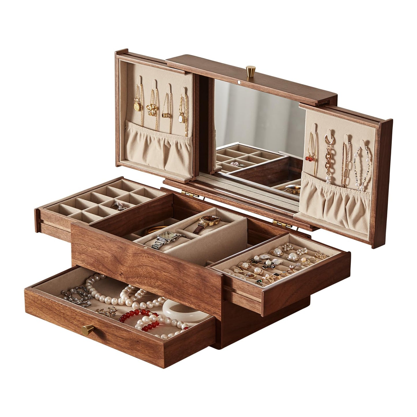 Homruilink Wooden Jewelry Box for Women, 3 Level Multi-functional Drawers Black Walnut Jewelry Organizer Box, Watch, Necklace, Ring, Earring Storage, Fathers Day Gift (With Mirror B)
