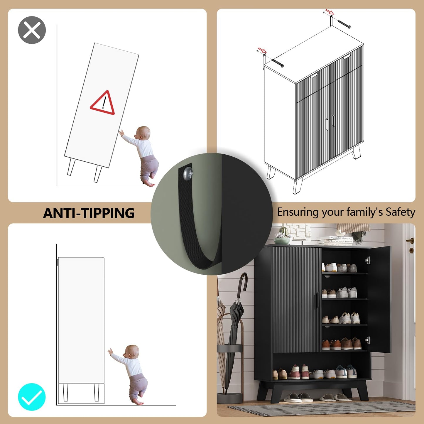 Shoe Cabinet Storage for Entryway, 5 Tier Fluted Shoe Storage Cabinet with Wooden Legs, Narrow Hidden Shoe Organizer with Adjustable Shelves, Freestanding Shoe Rack for Entryway, Hallway, Black