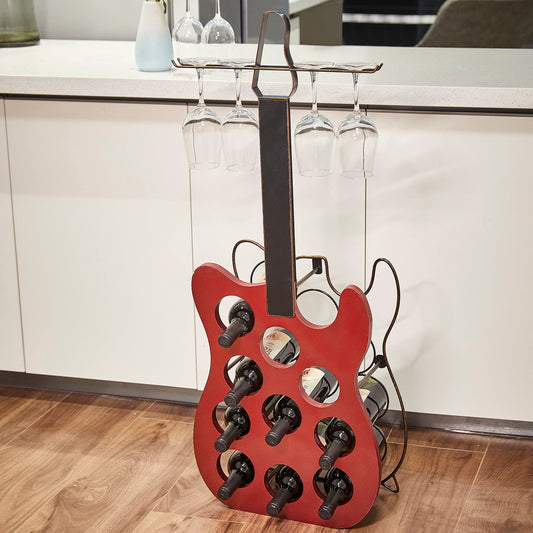 GUTE Metal and Wood Guitar Shaped 10 Bottle Wine Rack - Vintage Decorative Wine Holder Freestanding Display, Storage Organizer - Kitchen, Home Bar - Rock N Roll Lover, Electric Guitarist Music Gift