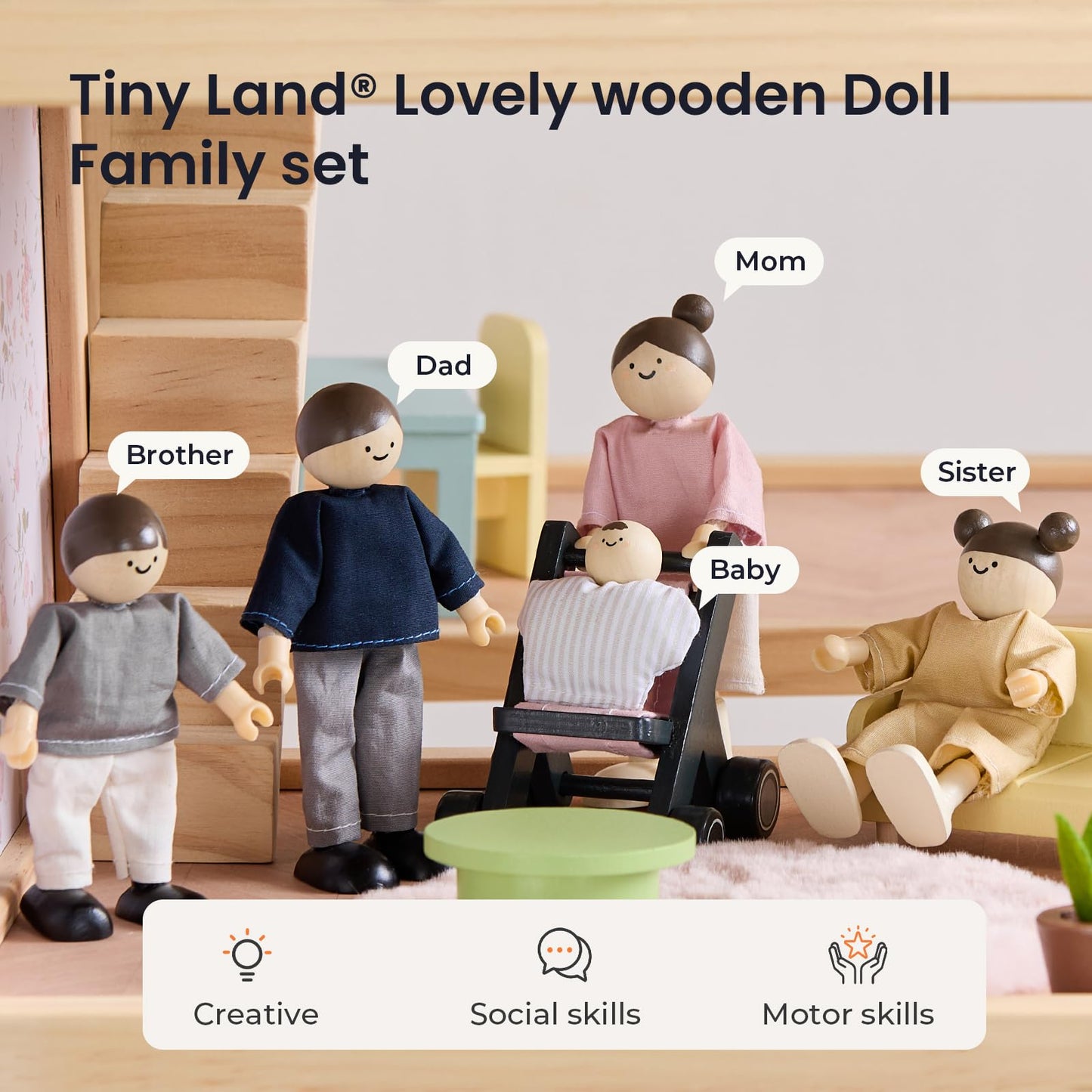 Tiny Land Wooden Dollhouse People Set, 5-Piece Poseable Wooden Doll Family with Dad, Mom, Brother, Sister, Baby and Stroller, Dollhouse Accessories Toy Pretend Play Gift for Kids Ages 3+