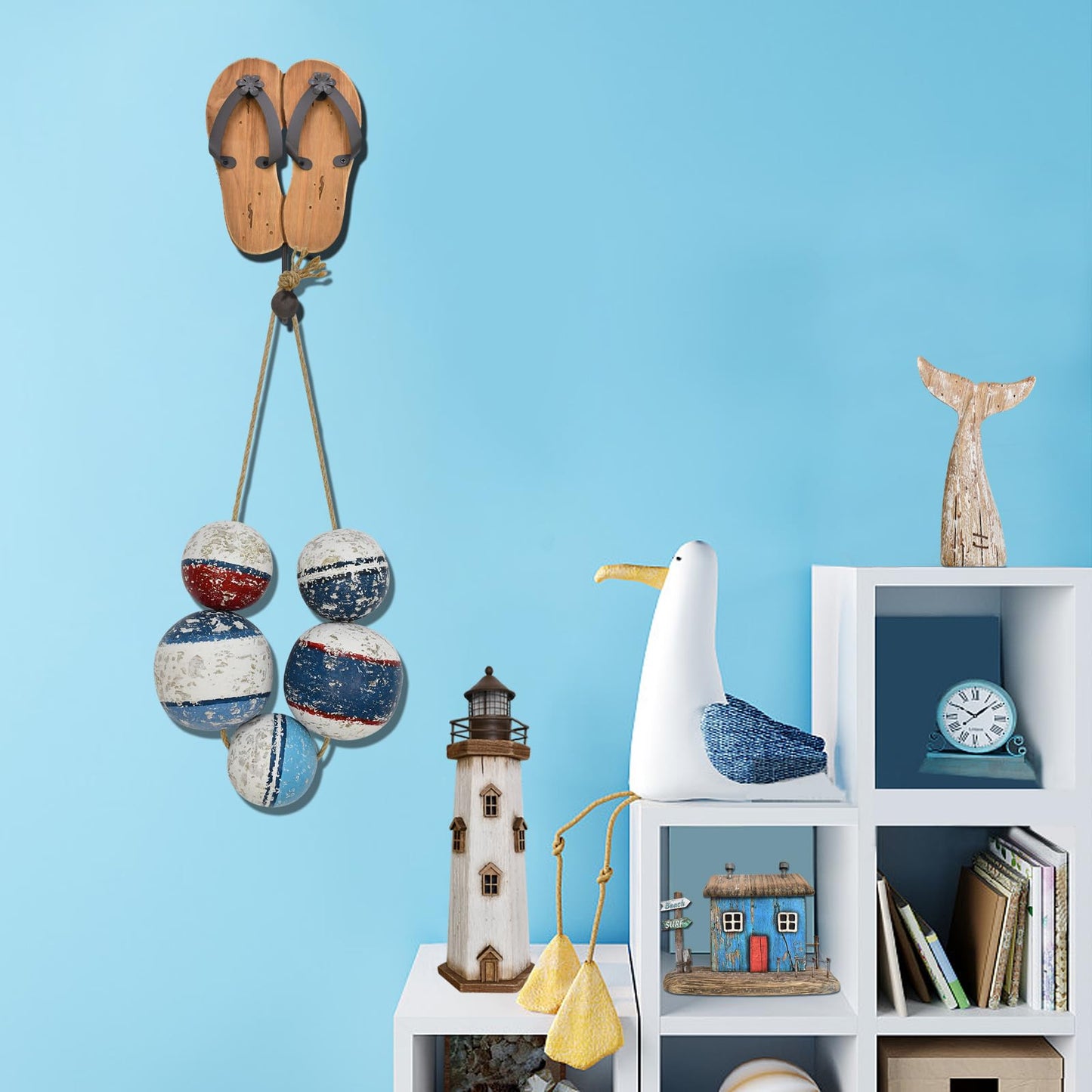 Wood Buoys Nautical Wall Decor for Home, Rustic Decorative Wall Hanging Fishing Floats Wooden Sculpture Distressed Buoys Beach Ornament Ocean Sea Coastal Decor for Bathroom Bedroom Living Room