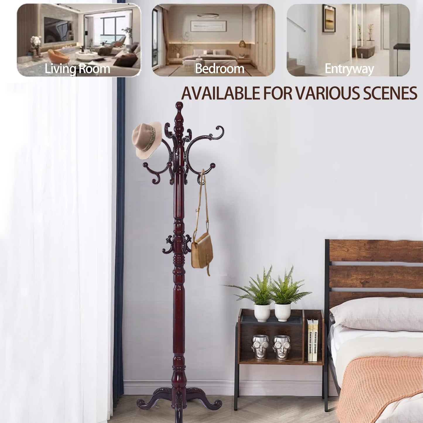 Hebtwebf Wooden Coat Racks, Retro 78" Coat Tree with 12 Hooks & Stable Triangular Base, Entryway Coat Rack Freestanding for Hat, Clothes, Scarves, Handbags, Umbrella (Mahogany)