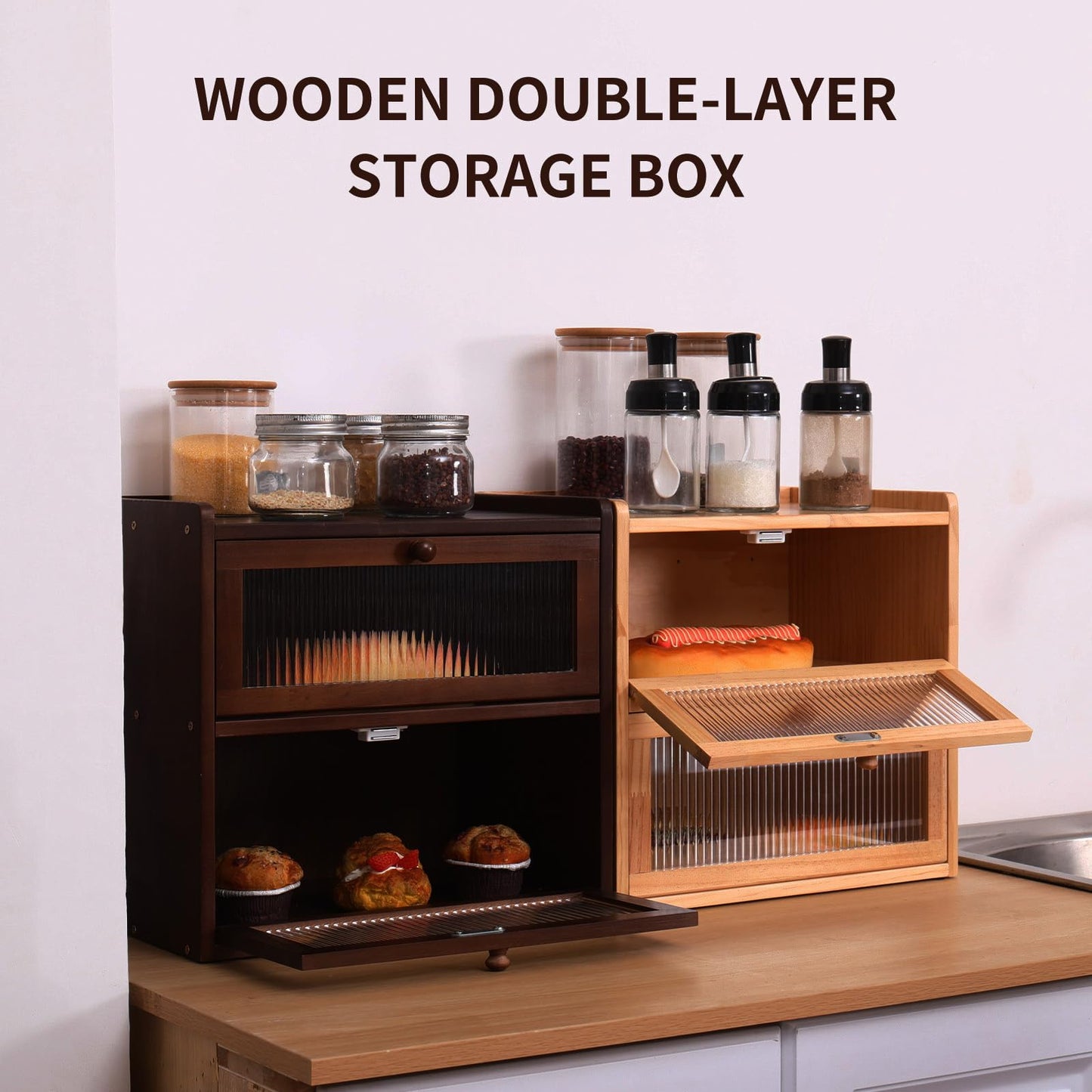 FDHUIJIA Double 2 Layer Large Bread Box for Kitchen Counter, Wooden Bread Storage Container Organizer Holder with Acrylic Window (brown)