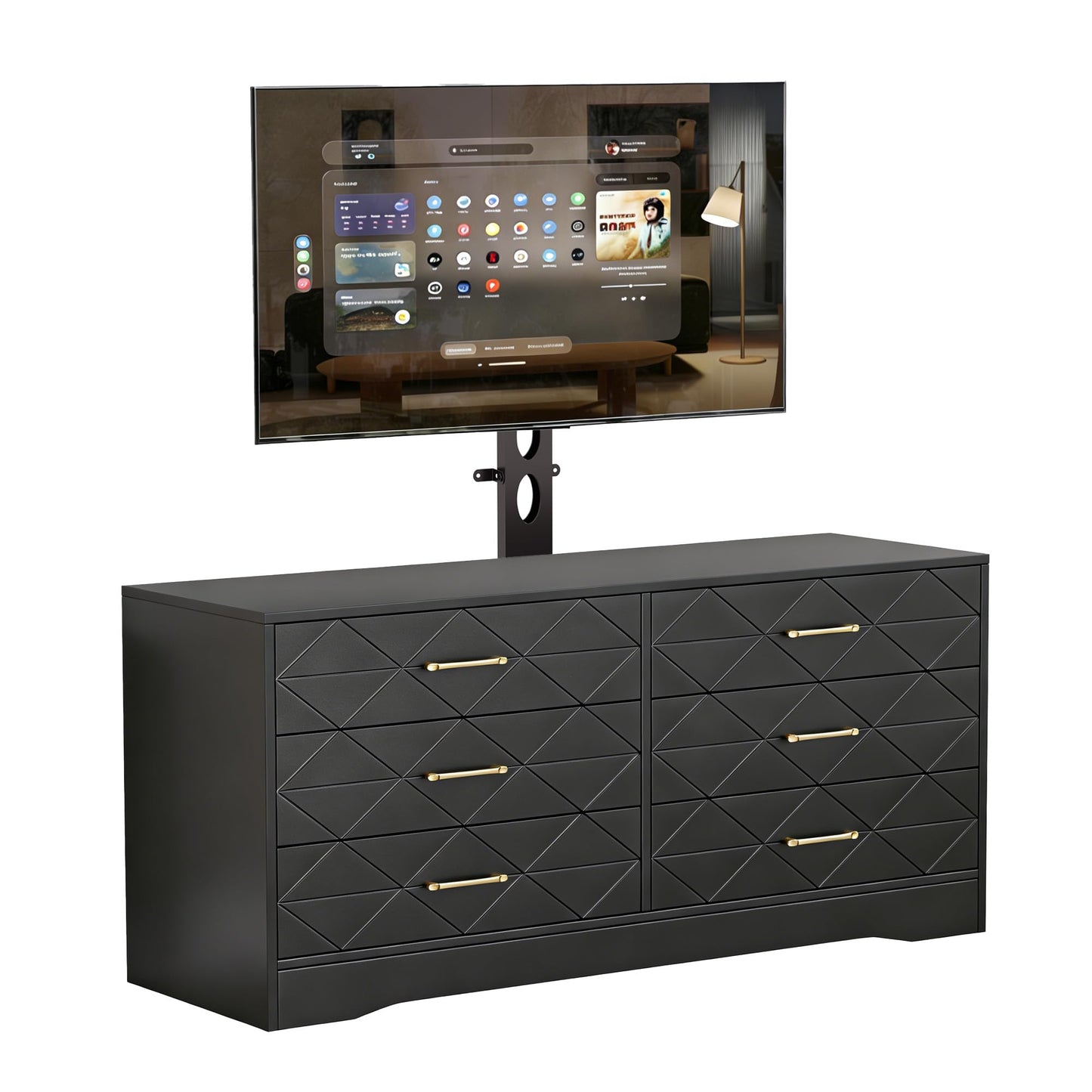 Garvee TV Stand with 6 Storage Drawer for Living Room, Bedroom, Black TV Stands w/Height Adjustable Mount Fit 32-80 Inch TVs, Universal Wooden Dresser As Entertainment Center, Farmhouse Console Table