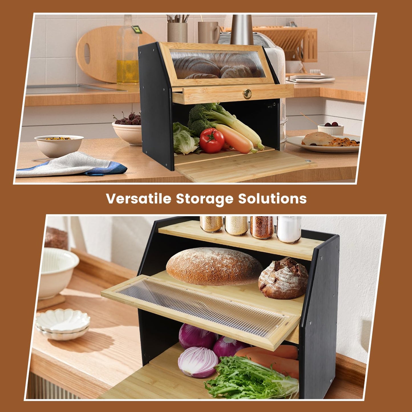 Upgraded read Box for Kitchen Countertop, Double Layer Bread Storage Container, Wooden Bread Storage Bin, Bread Boxes for Kitchen Counter Corner, Cabinet, Pantry, Cupboard (Black)