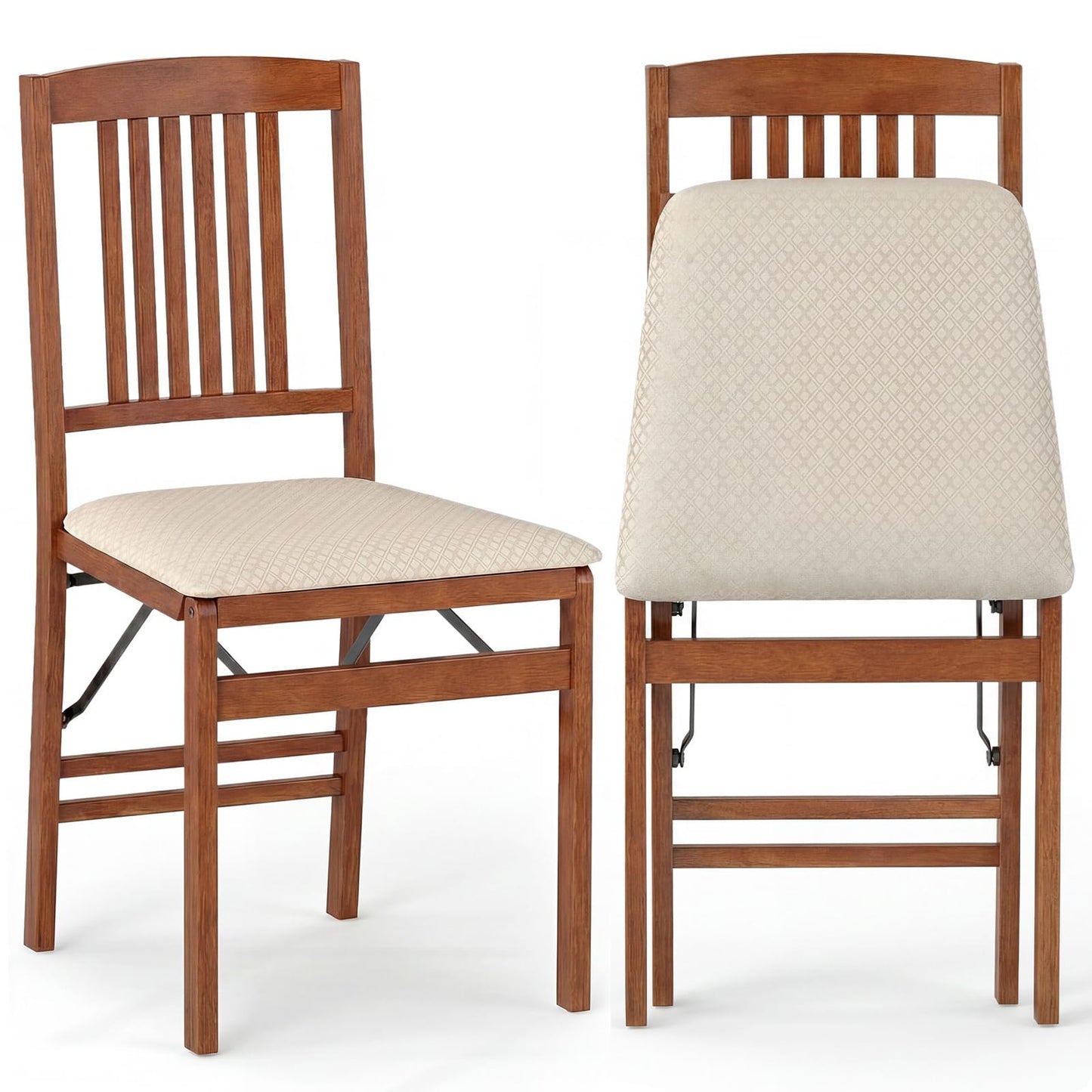 COSTWAY Folding Dining Chairs Set of 2, Wooden Kitchen Side Chairs w/Padded Seat, Solid Wood Frame, 420 LBS Load Bearing, No Assembly Needed, Vintage Foldable Chairs for Dining Room, Living Room