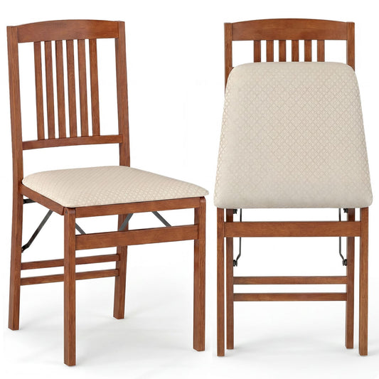 COSTWAY Folding Dining Chairs Set of 2, Wooden Kitchen Side Chairs w/Padded Seat, Solid Wood Frame, 420 LBS Load Bearing, No Assembly Needed, Vintage Foldable Chairs for Dining Room, Living Room