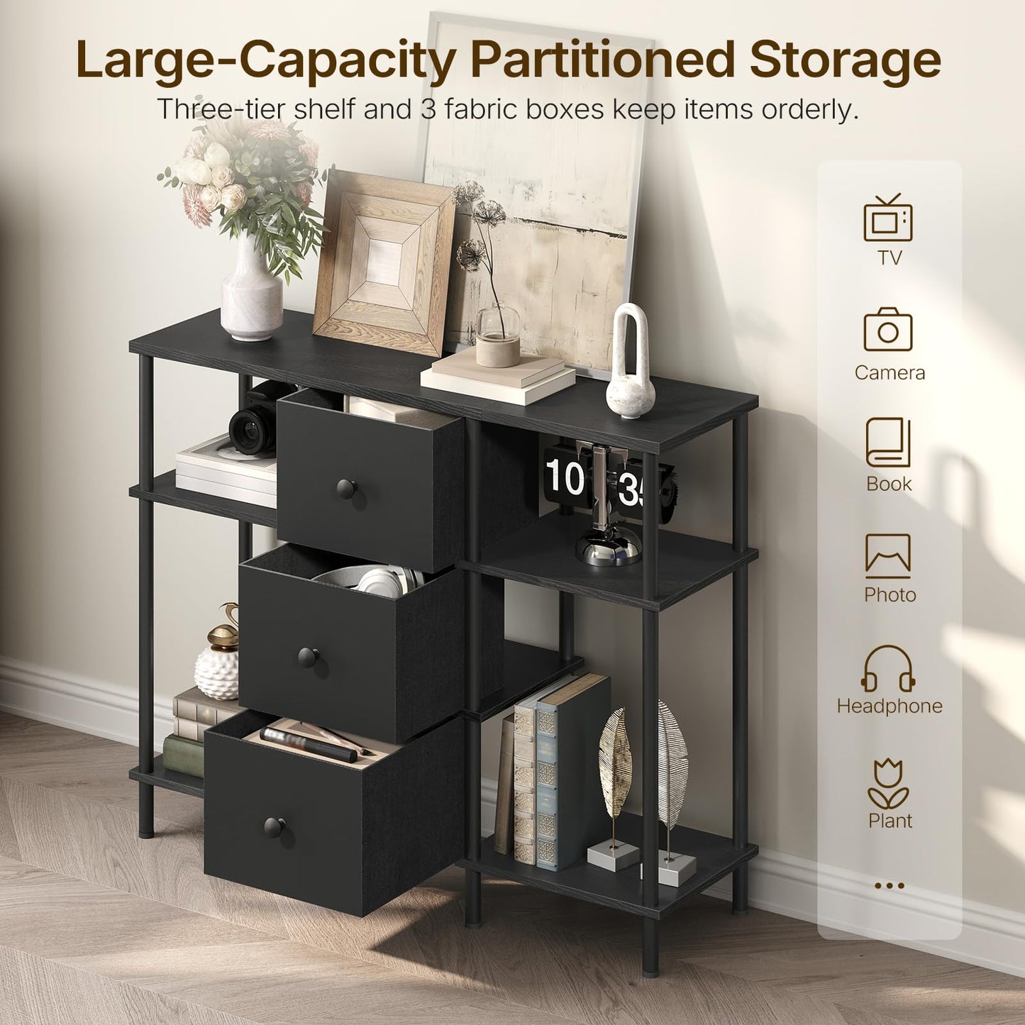 YATINEY TV Stand with 3 Fabric Drawers, Tall TV Stand, 3-Tier Media Console Table with Wooden Shelves, Entertainment Center, for Bedroom, Living Room, Home Office, Black DS15BB