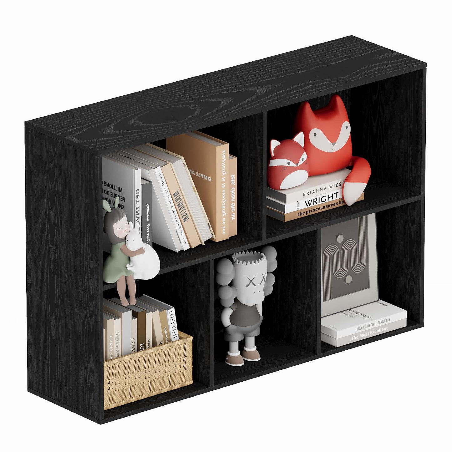 Nestwise Book Shelf, Wooden Cube Storage Organizer with 11" Open Cubes, Stackable Modular Bookcase for Room Divider Storage, 2 Tier Bookshelf for Living Room, Bedroom, Office (Black, 5-Cube)