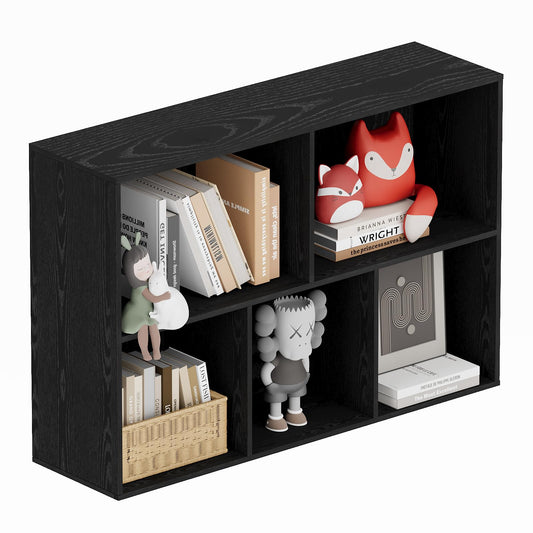 Nestwise Book Shelf, Wooden Cube Storage Organizer with 11" Open Cubes, Stackable Modular Bookcase for Room Divider Storage, 2 Tier Bookshelf for Living Room, Bedroom, Office (Black, 5-Cube)