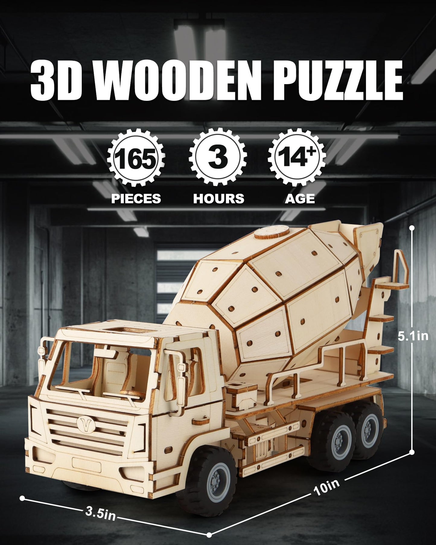 MOCBURIKU 3D Wooden Puzzles Cement Mixer Truck for Adults to Build, 165pcs Wood Craft Model Cars Building Kits with Pull Back 360° Rotatable Mixer Action,Hobby Gifts for Adults Men Teens
