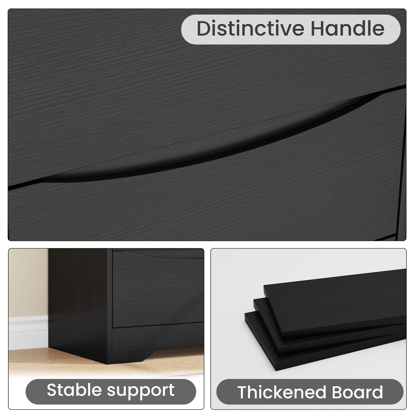 GarveeHome Wooden Dresser with 3 Drawers, Tall Modern Closet with Deep Storage, Large Chest of Drawers with Wide Top, Long Storage Dresser for Bedroom, Living Room, Hallway, Kids Room, Black