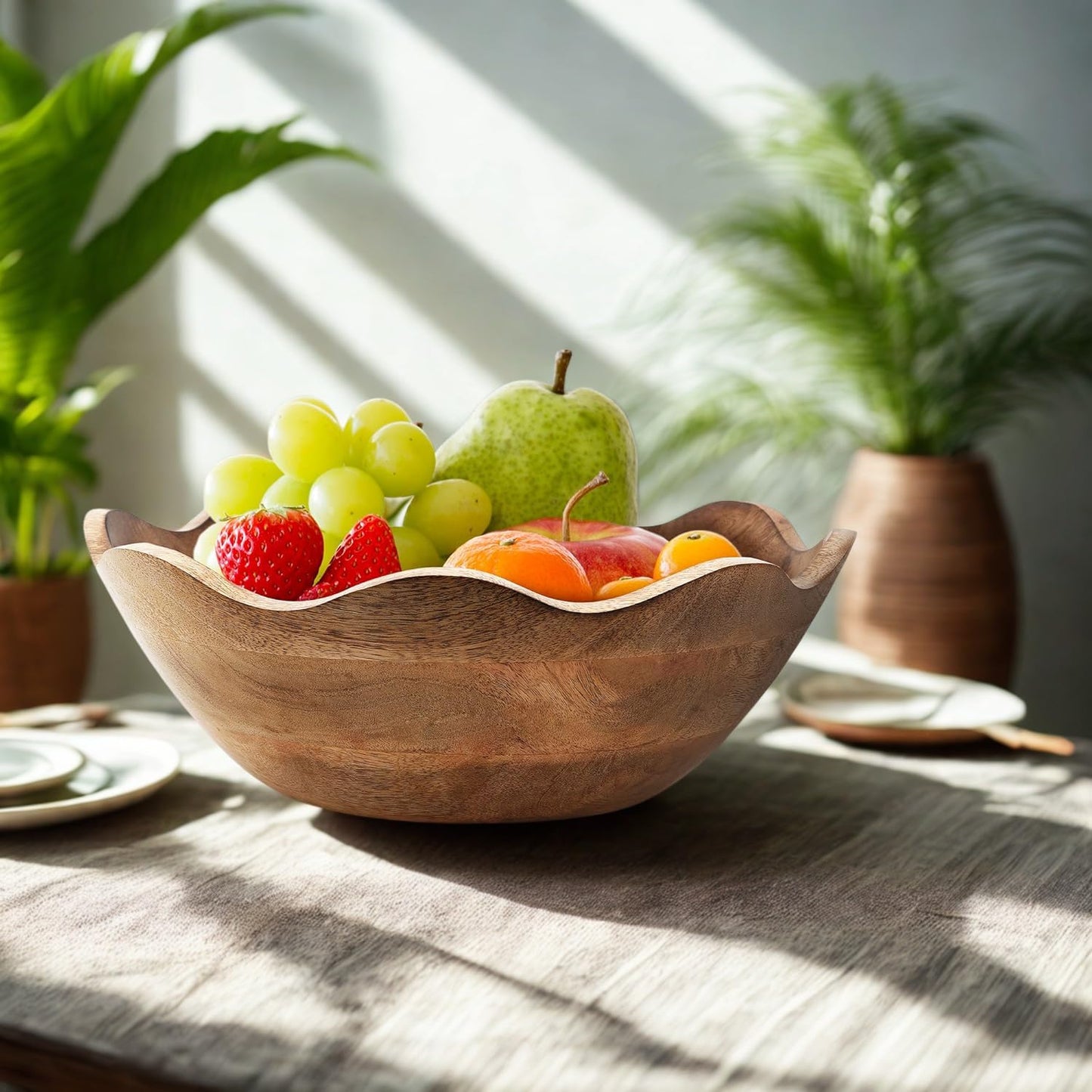 Mother's Day Handmade Large Wooden Bowl Mango Wood Decorative Bowl for Veggies, Fruits Wooden Serving Scalloped Bowl Modern Rustic Home Decorations Home Party Wedding Décor 12 x 4.5 x 11 Inches
