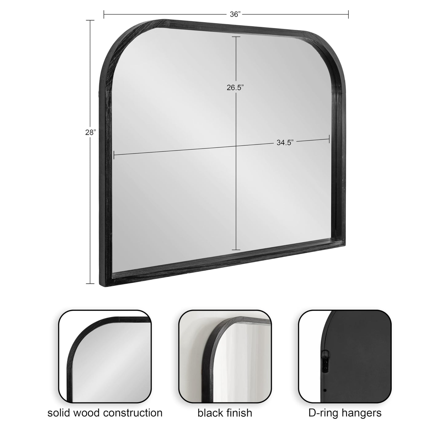 Kate and Laurel Occonor Modern Wooden Arched Mirror, 36 x 28, Black, Transitional Arch Wall Mirror with Geometric Shape for Use as Bathroom Mirror for Vanity or Fireplace Mantel Mirror