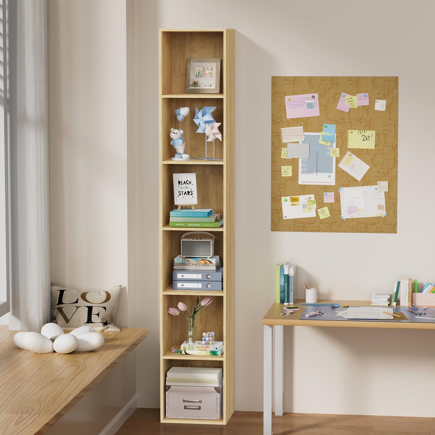 Nestwise 6 Tier Bookshelf, Open Tall Narrow Floor Standing Bookcase, Storage Organizer Bookshelves Freestanding Book Shelf for Living Room, Bedroom, Home Office (Oak, 6 Cube)