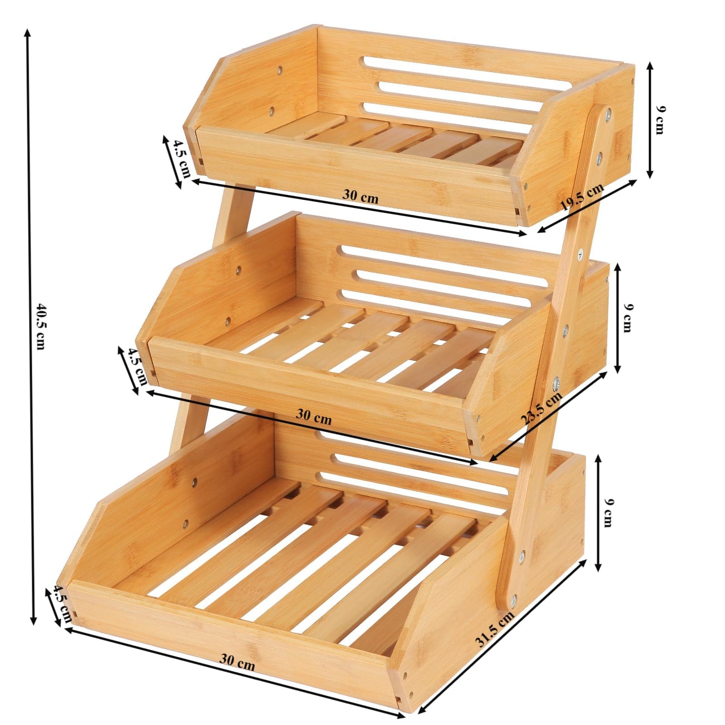 NadaKin Bamboo Fruit Basket 3 Tier for Kitchen Counter, Assemble Display Stand for Countertop with 2 Metal Hooks, Large Storage Organizer Produce Holder for Vegetables, Bread, Snacks