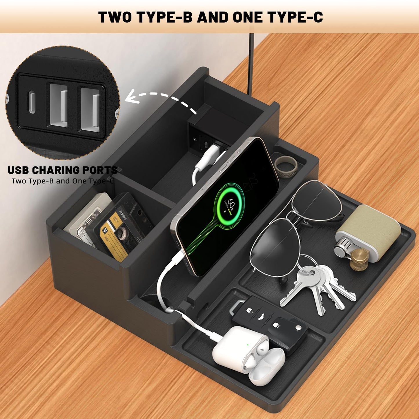 Valet Tray, Nightstand Organizer with Charging Station, Assembly-Free 3 Layer Wood Valet Tray for Men, Phone Docking Station with USB Ports for Watch, Jewelry & Accessories, Nice Gift (Classic Black)