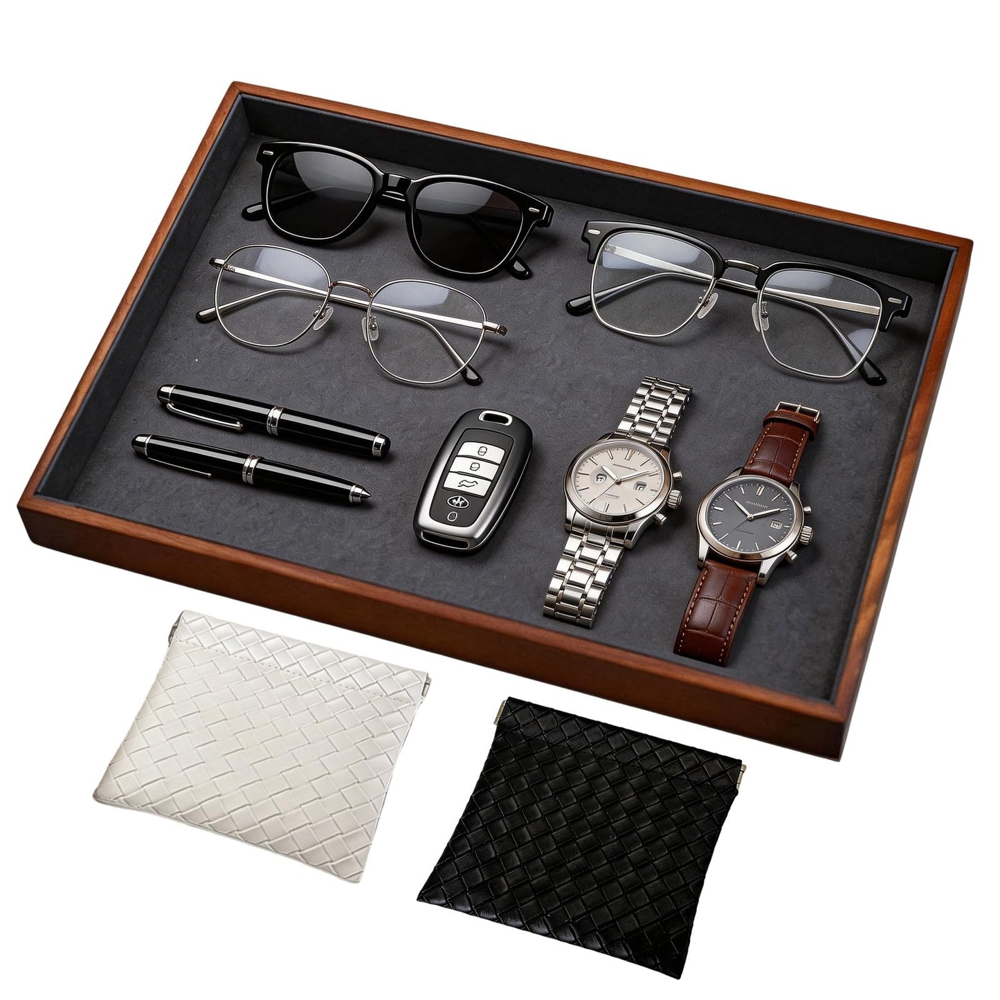IXARO Large Solid Wood Jewelry Watch Tray, Velvet Jewelry Board Display Trays for Key Wallet Ring，Stackable Wooden Jewelry Drawer Organizer Showcase Jewelry Holder(Grey)