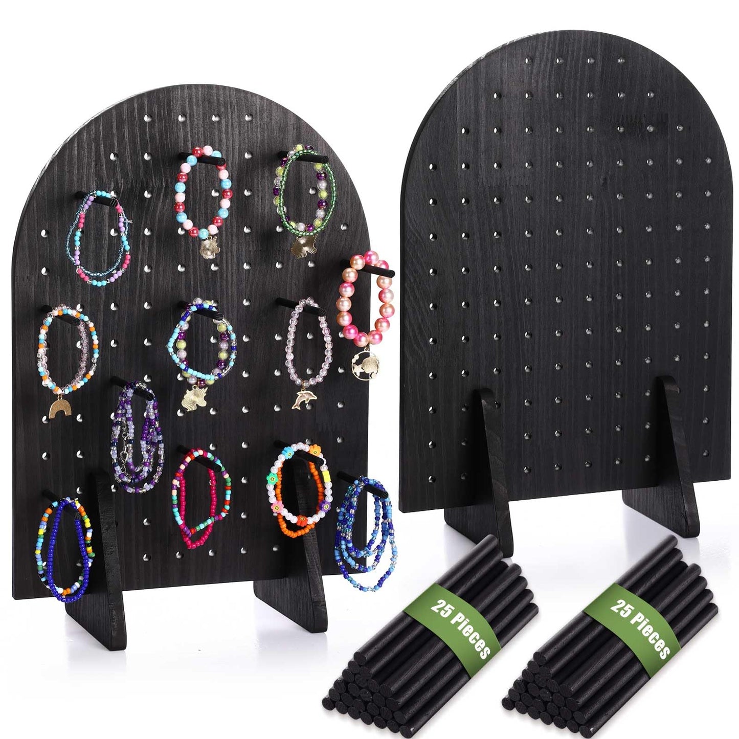 Colingmill 2 Sets Keychain Display Stand Wooden Pegboard Display Stand with 25 Pcs Dowel Rods Oval Bracelet Organizer Holder for Jewelry, Craft Shows, Necklace, Selling, 15.75" x 11.81" (Black)