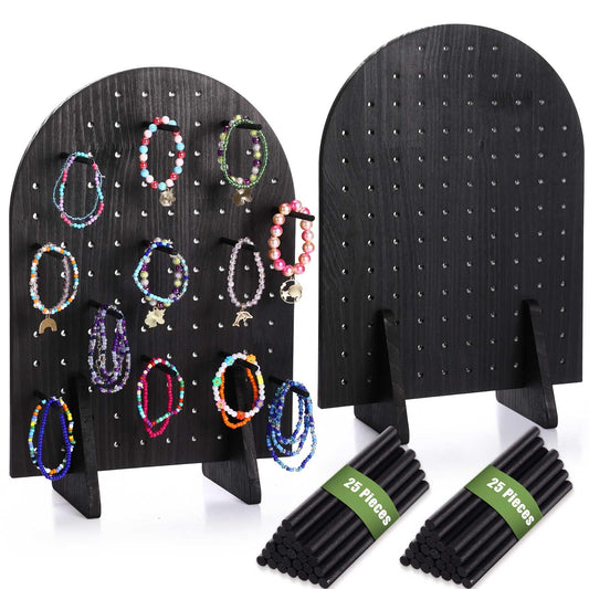Colingmill 2 Sets Keychain Display Stand Wooden Pegboard Display Stand with 25 Pcs Dowel Rods Oval Bracelet Organizer Holder for Jewelry, Craft Shows, Necklace, Selling, 15.75" x 11.81" (Black)