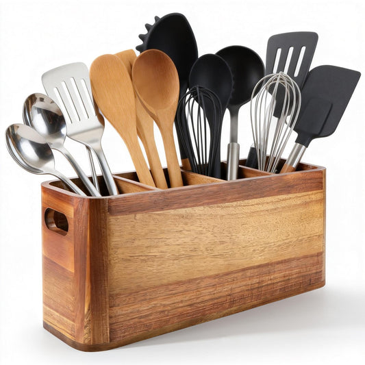 Gallkeat Kitchen Utensil Holder for Counter or Countertop, Large Wooden Utensil Holder with 4 Compartments, Acacia Wood Organizer for Cooking Utensils and Silverware, Ideal Gift for Kitchen Decor