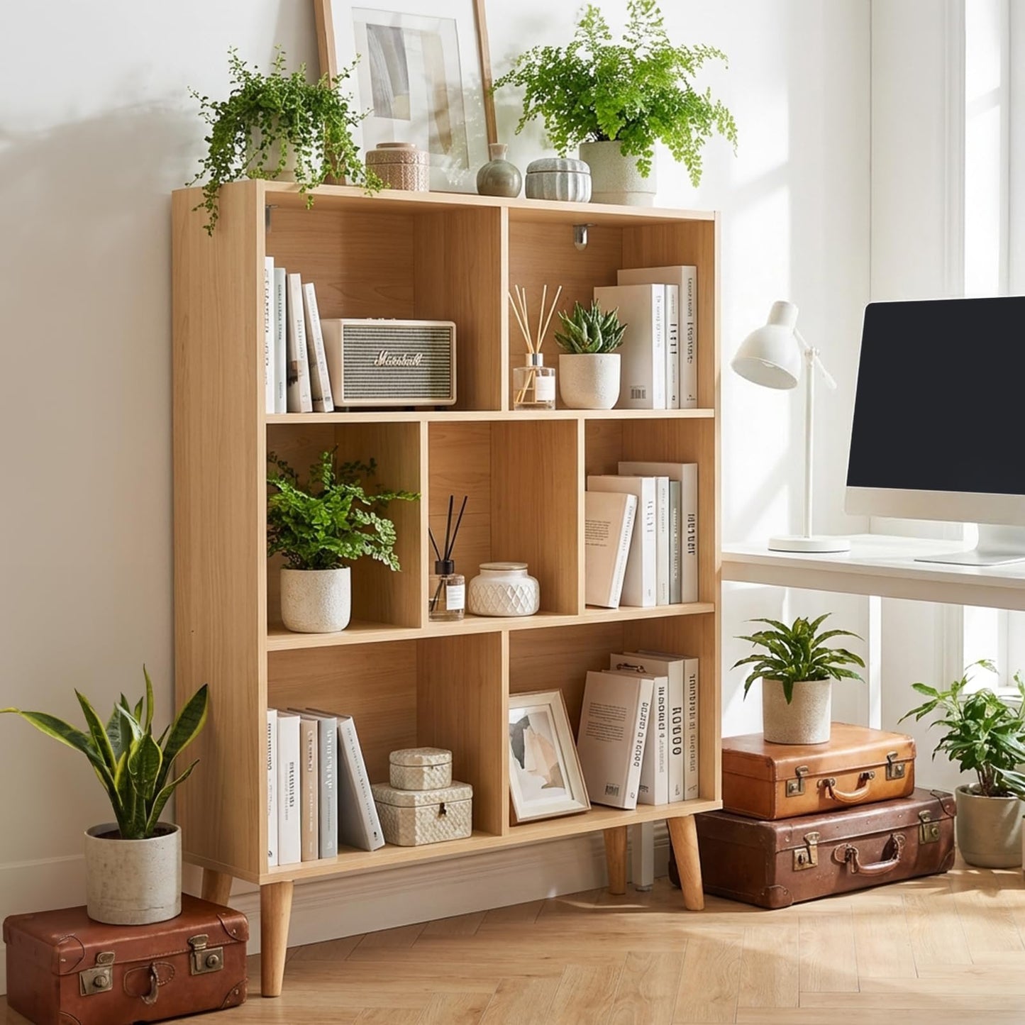 HAPPYMONT 3-Tier Bookcase, 7 Cube Modern Wooden Storage Organizer with Legs, Open Display Shelves for Living Room Bedroom Home Office, Freestanding Bookshelf, Natural Wood