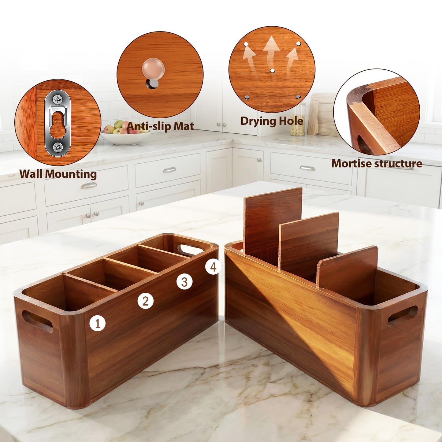 powerful xishan Kitchen Utensil Holder for Countertop with 3-Piece Wooden Utensil Set, Extra Large Acacia Wood Utensil Organizer, 4-Compartment Storage for Cooking Utensils, Silverware and Cutlery